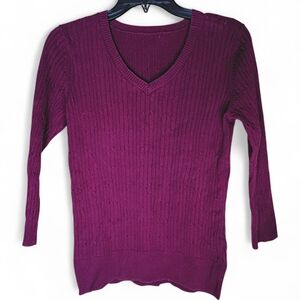 100% Woven Cotton Elegant V-Neck Sweater‎ Rich Purple Y2K Casual Cozy 3/4 Sleeve
